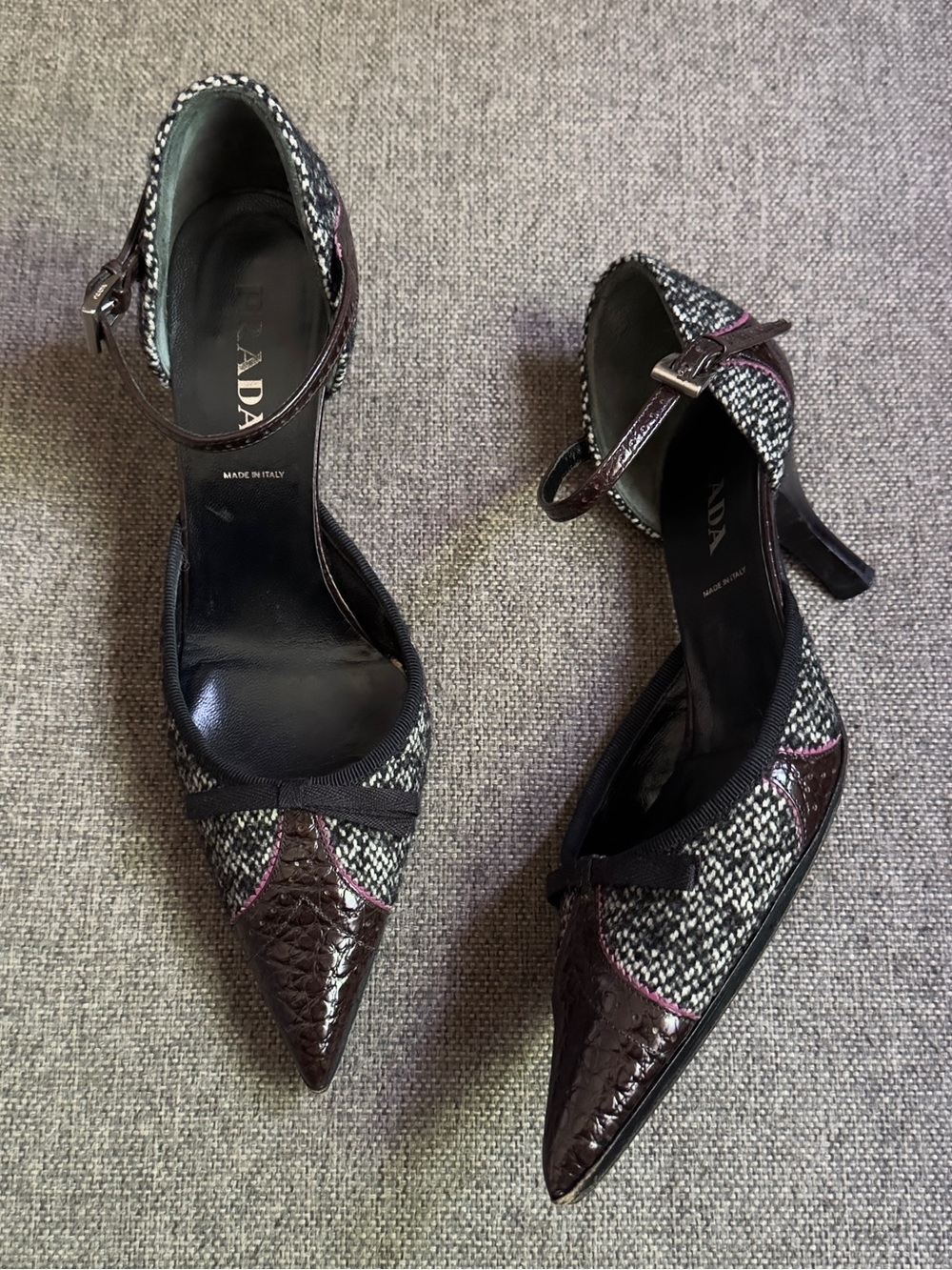 Vintage Prada tweed and croc embossed leather heels